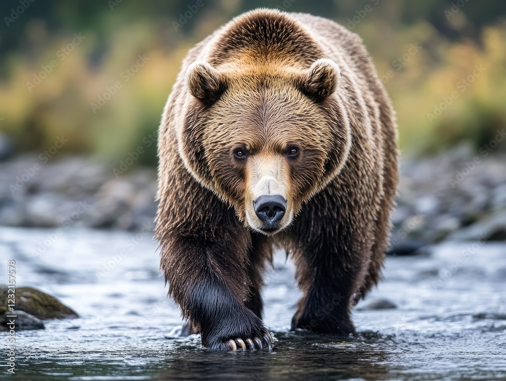 Majestic Brown Bear Strolling Through Shallow Waters on a Cloudy Day Outdoors Majestic Brown Bear Strolling Through Shallow Waters on a Cloudy Day Outdoors