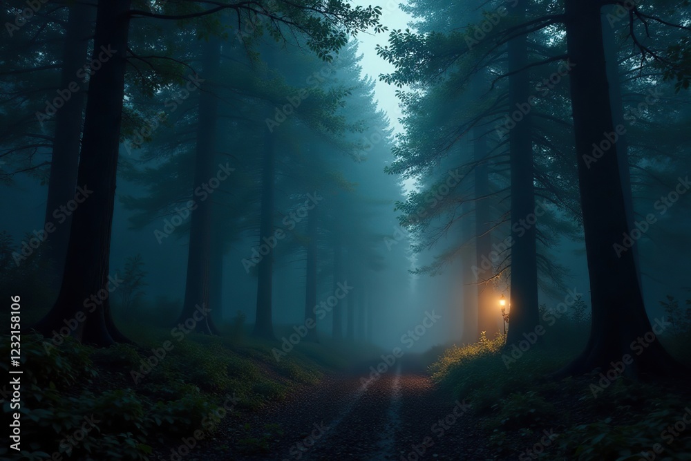 Fototapeta premium A dark and mysterious forest with strange lights, misty, eerie, forest