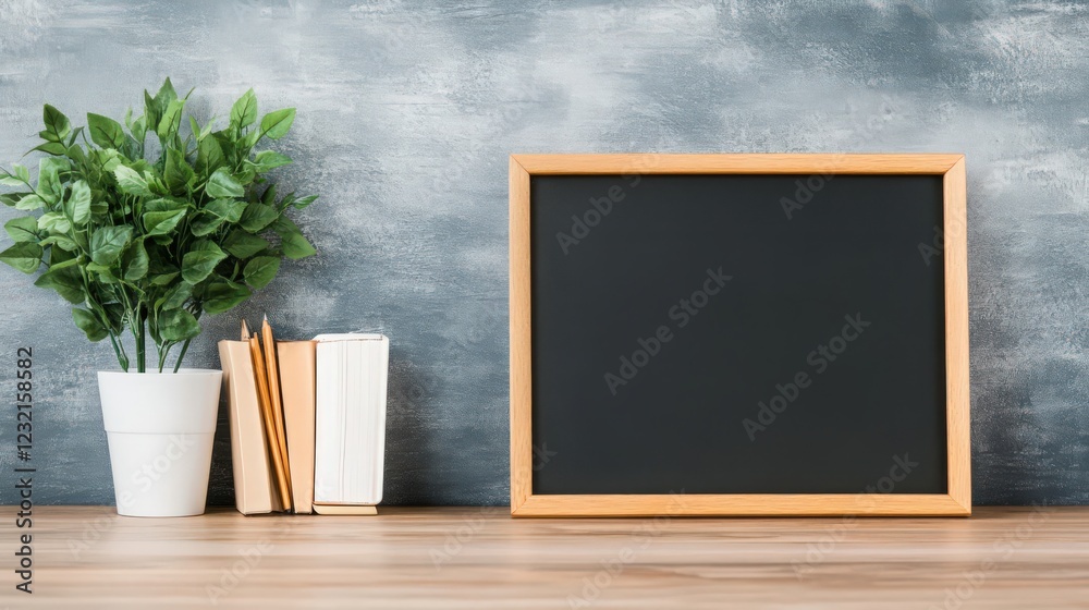 A blackboard sits on a wooden table next to a potted plant and a stack of books A blackboard sits on a wooden table next to a potted plant and a stack of books