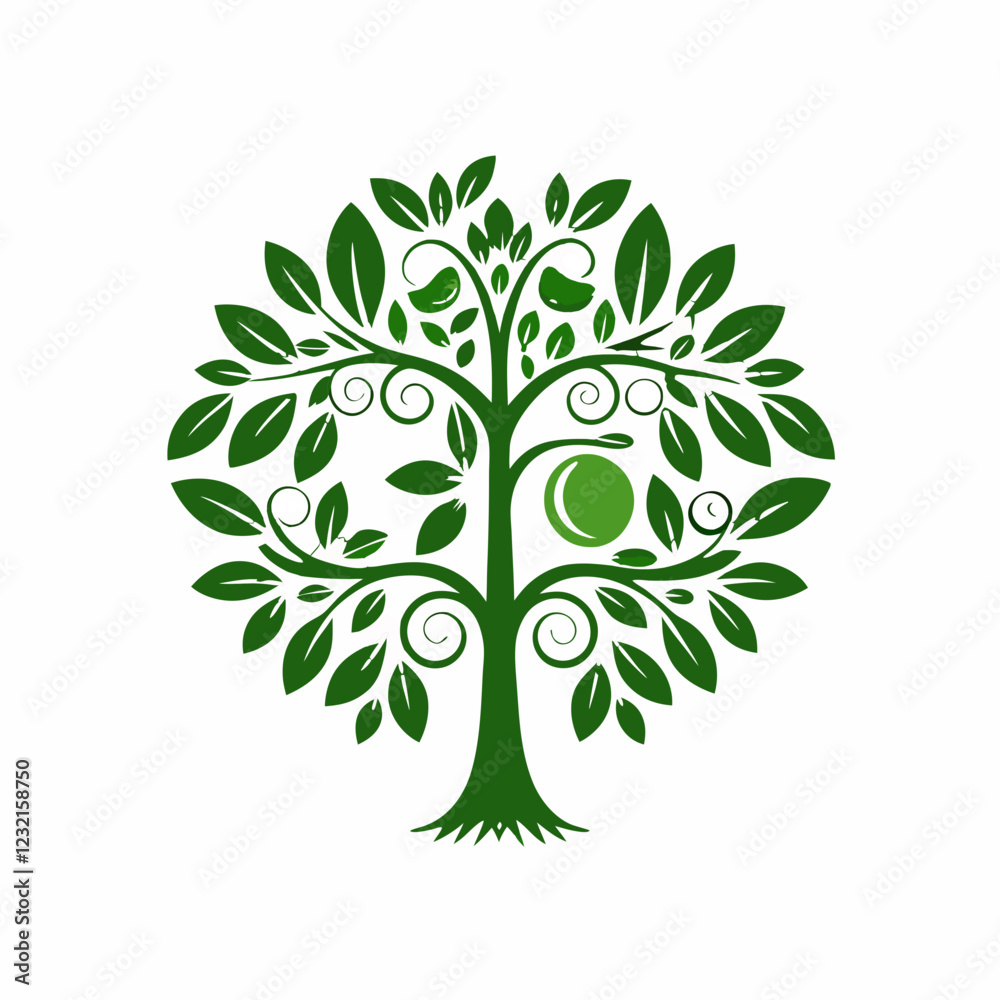 Green power button in the shape of a tree, on a white background, symbol of ecology and sustainability