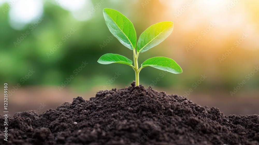 Naklejka premium A small green plant is growing in the dirt