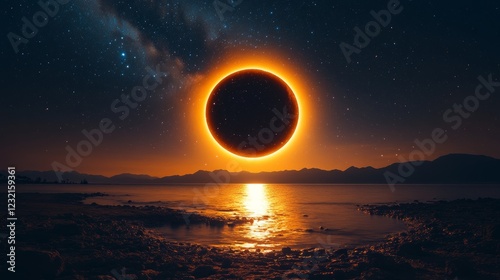 Fototapeta Naklejka Na Ścianę i Meble -  Total solar eclipse rising over tranquil lake at starry night