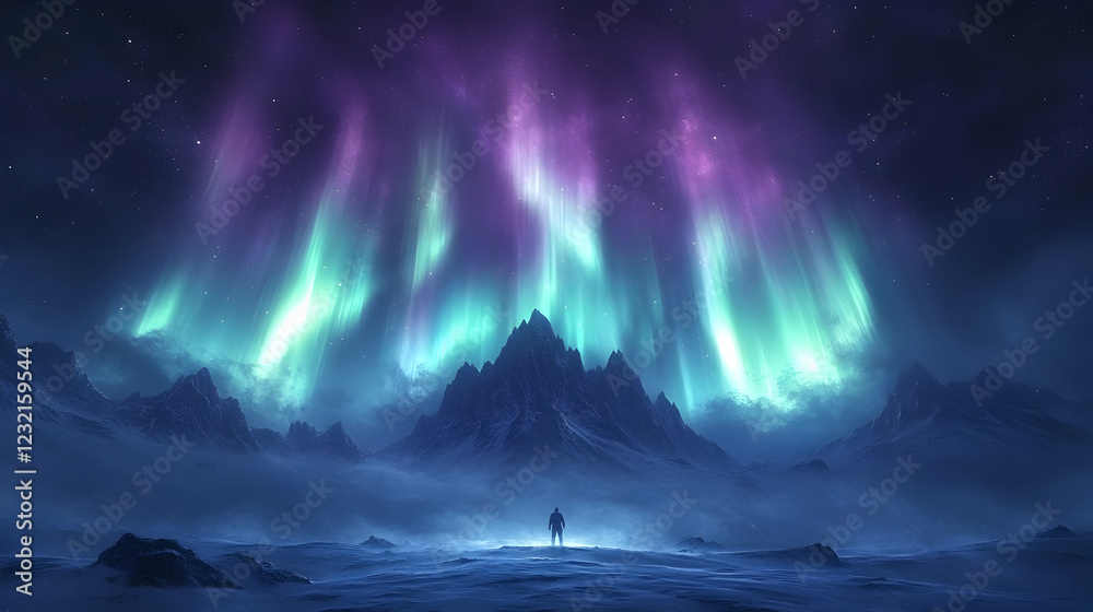 Naklejka premium Illustration - Aurora Borealis Night Sky Mountains Fantasy Landscape