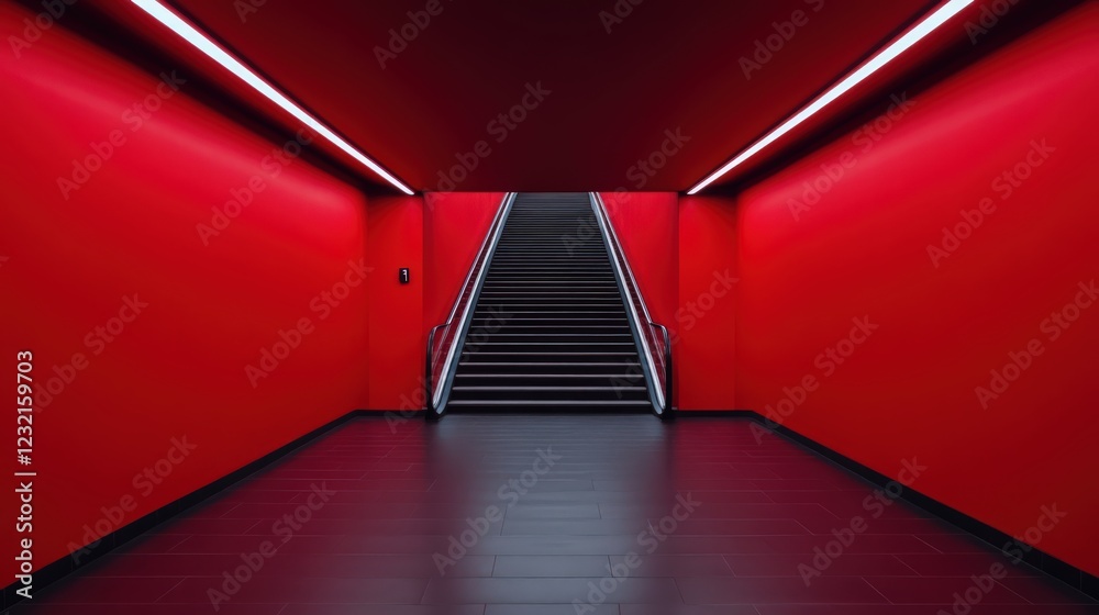 Obraz premium A red hallway with a black staircase leading up to a higher level