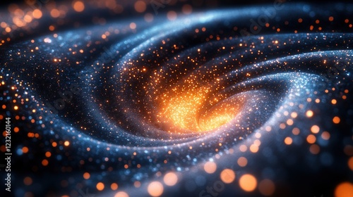 A 3D rendered search engine logo at the center of a data vortex, representing information retrieval