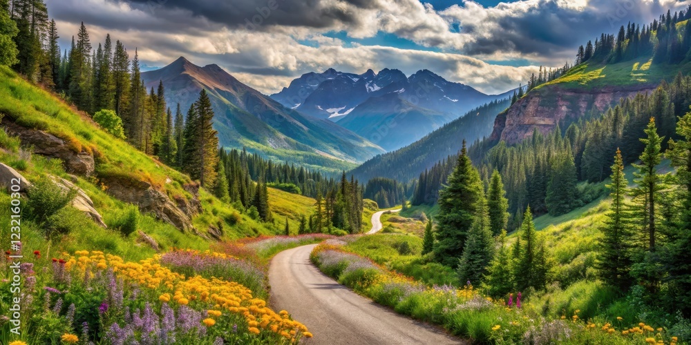 Naklejka premium Winding mountain road with dense foliage and wildflowers leading to a scenic mountain pass , wilderness, mountains