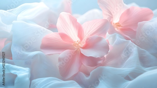 Delicate Bloom: A gentle pink flower with delicate petals takes center stage amidst a soft, ethereal backdrop of white petals, evoking feelings of purity and grace.