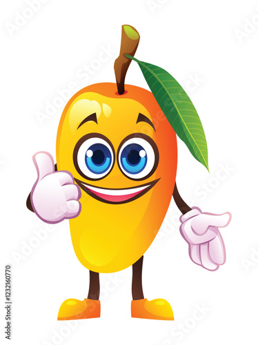 Cute mango character giving a thumbs up with smile, showing approval. Vector cartoon illustration