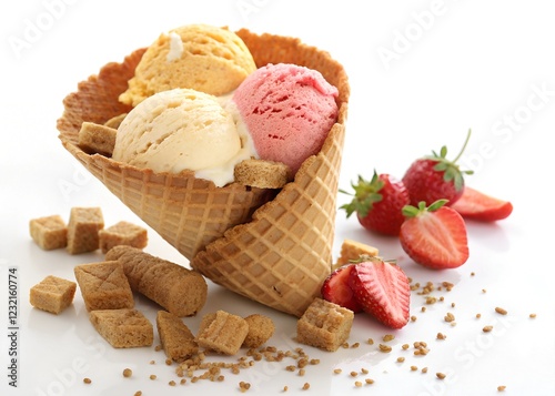 Delicious ice cream cones with fresh strawberries, raspberries, and chocolate photo