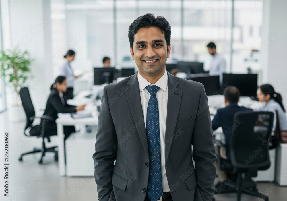 Confident Asian Indian Businessman in Suit Standing Proudly in Modern Office, Team in Blurry Background Confident Asian Indian Businessman in Suit Standing Proudly in Modern Office, Team in Blurry Background