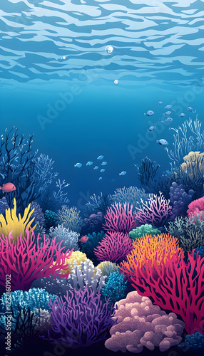 Vibrant coral reef underwater scene, tropical fish swimming, ocean background, perfect for marine life posters photo