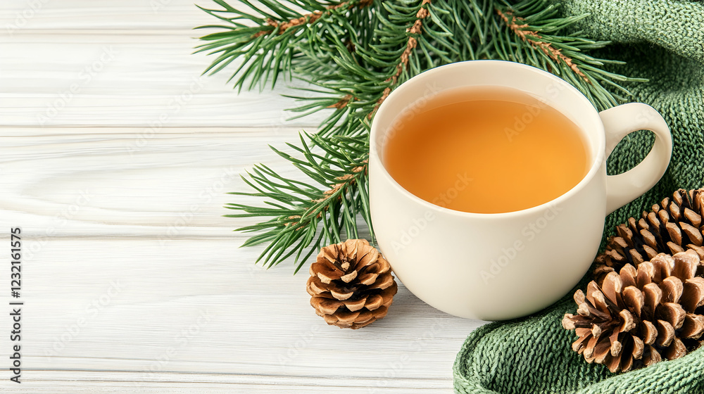 Warm herbal tea with pine branches and cones on a white wooden table. Cozy winter drink for holiday season blogs, websites, or greeting cards Warm herbal tea with pine branches and cones on a white wooden table. Cozy winter drink for holiday season blogs, websites, or greeting cards