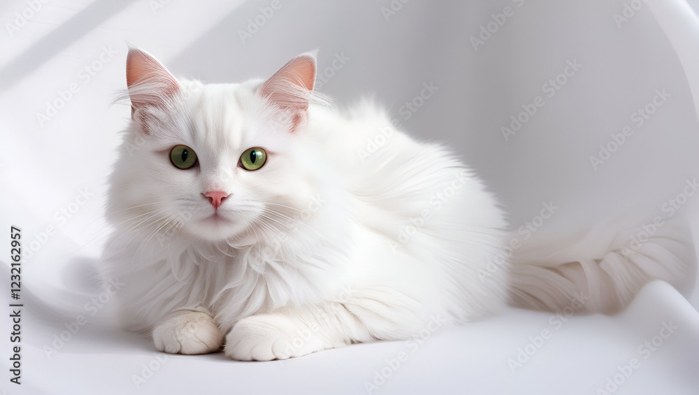 A beautiful and the white cat with the green eyes on the white background , and the natural animal cat , on the white background A beautiful and the white cat with the green eyes on the white background , and the natural animal cat , on the white background