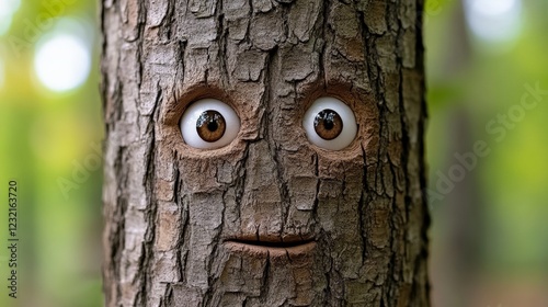 Enchanting Tree Face: A whimsical carved tree trunk portrait, a captivating fusion of nature and artistry, in a verdant woodland setting.