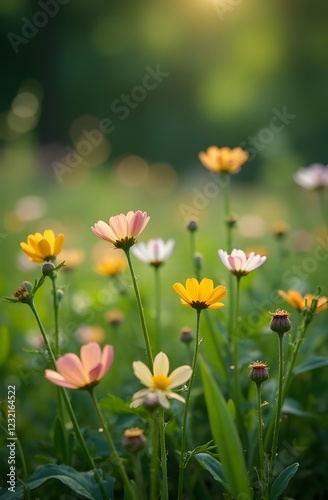 A bright meadow with wildflowers under a clear blue sky and bright sunlight creates a peaceful summer atmosphere. Vertical photography