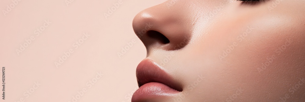 Close up view of a woman's face featuring plump, glossy lips, emphasizing beauty and the artistry of cosmetology, particularly in lip augmentation for enhanced aesthetics Close up view of a woman's face featuring plump, glossy lips, emphasizing beauty and the artistry of cosmetology, particularly in lip augmentation for enhanced aesthetics