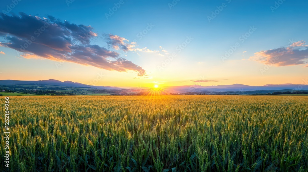 A field of green grass with a bright sun in the sky A field of green grass with a bright sun in the sky