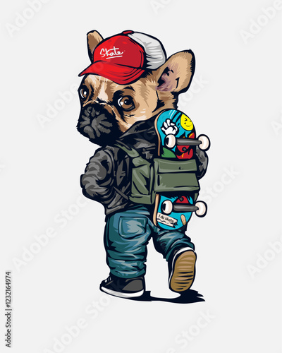 cartoon dog in street fashion carrying skateboard vector illustration