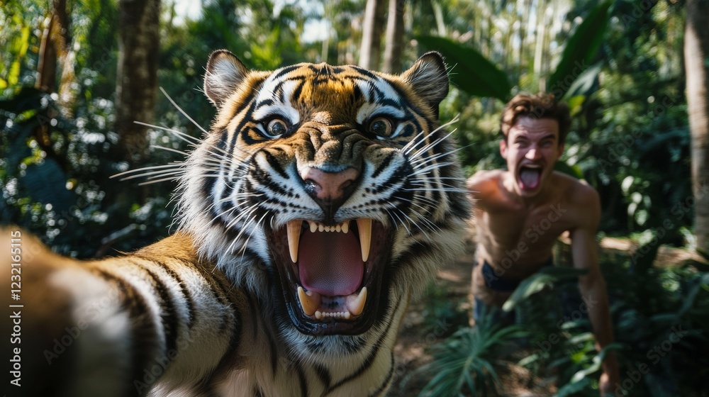 Fototapeta premium Sumatran tiger and zookeeper taking a funny selfie in the jungle