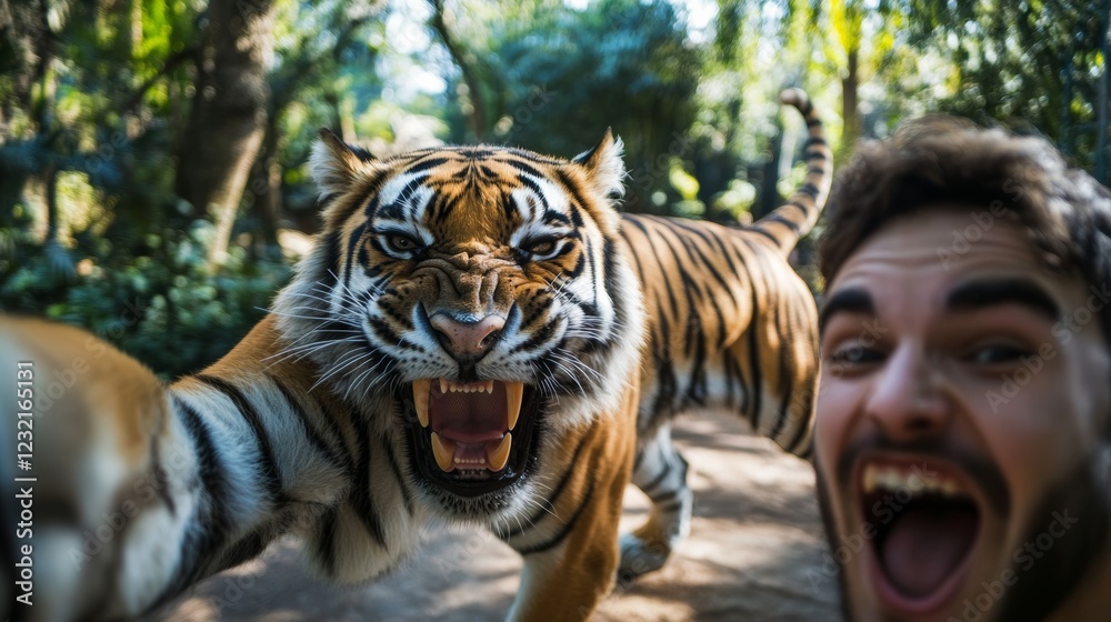 Fototapeta premium Young man taking extreme selfie with roaring tiger