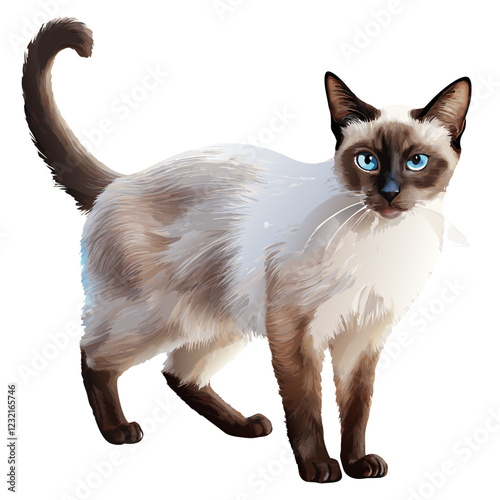 Siamese cat with bright blue eyes and dark markings, standing full body on a white background, elegant and graceful domestic pet