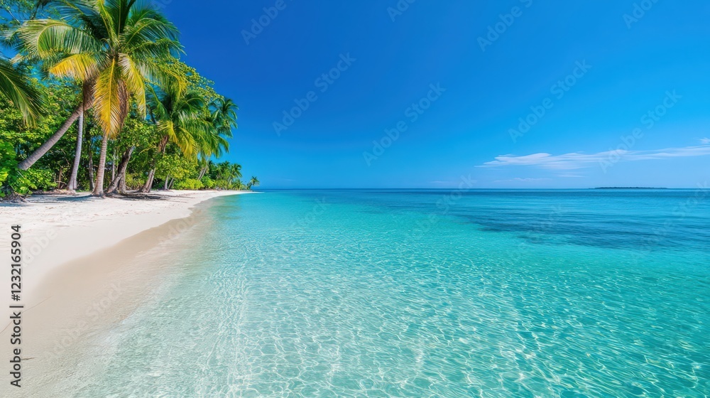 Fototapeta premium A beautiful beach with palm trees and a clear blue ocean