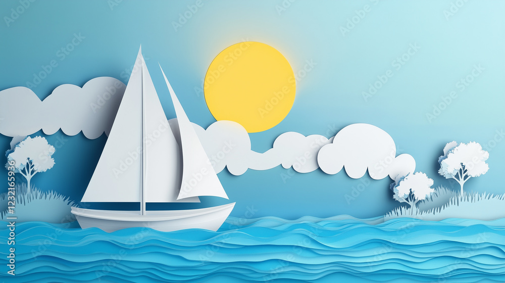 Naklejka premium Sailing boat on a calm summer sea with Paper cut out effect