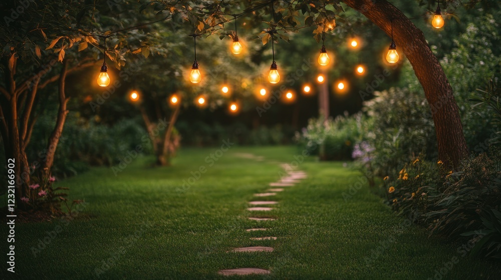 Obraz premium Night garden path, string lights, romantic ambiance, event backdrop