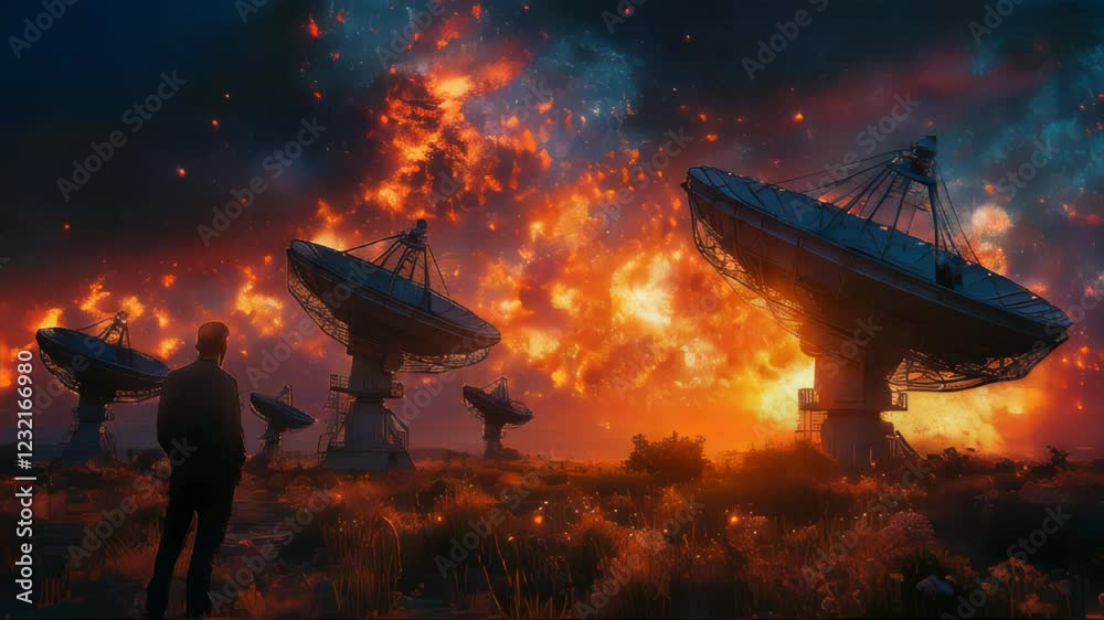 Large radio telescopes pointing towards a fiery cosmic sky as a silhouette of a man observes the stars Large radio telescopes pointing towards a fiery cosmic sky as a silhouette of a man observes the stars