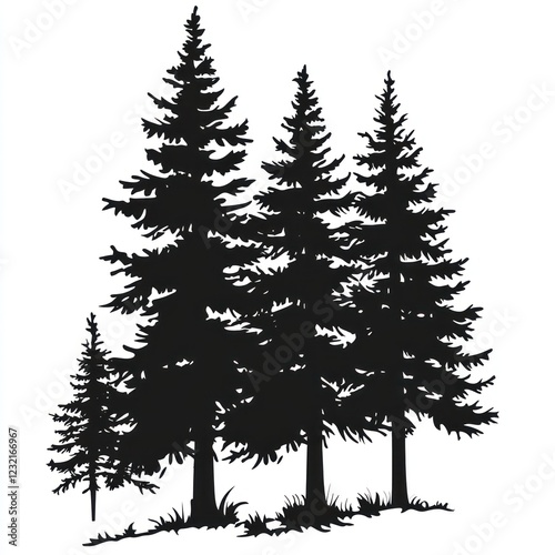 Silhouetted Pine Trees Against White Background