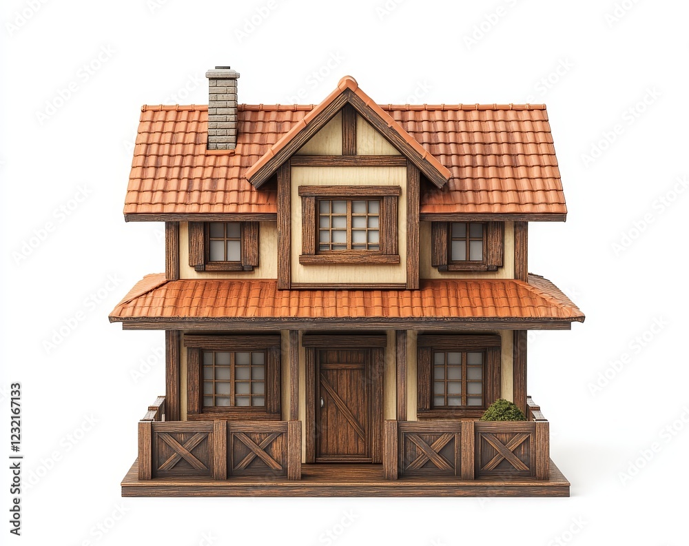 Charming two-story house model with terracotta roof, wooden accents, and porch. Charming two-story house model with terracotta roof, wooden accents, and porch.