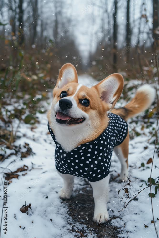 Happy corgi wearing a polka dot coat enjoys a snowy walk in a serene forest setting during winter Happy corgi wearing a polka dot coat enjoys a snowy walk in a serene forest setting during winter