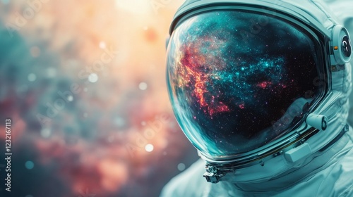 Astronaut's visor reflects vibrant, swirling colours reminiscent of a cosmic swirl. This close-up shows the beauty of space exploration moments during an extraterrestrial mission.