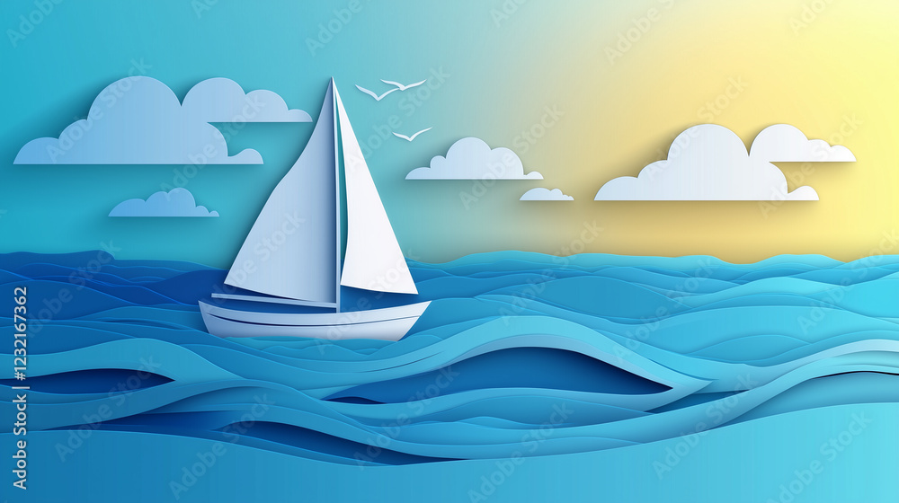 Naklejka premium Sailing boat on a calm summer sea with Paper cut out effect