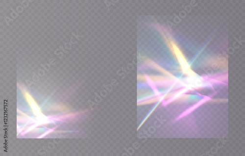 Crystal rays of light, prism refraction, lens flare, crystal glass reflection effect. Prism vector, realistic light leak effect with spectral flare. Bright light banner, poster, template.