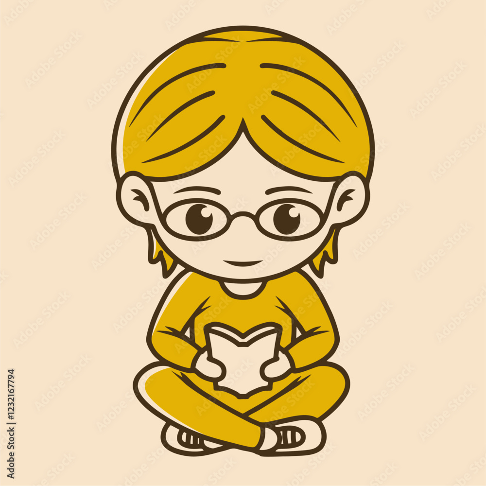 Bookworm chibi character reading a book, sitting cross legged in yellow retro colors Bookworm chibi character reading a book, sitting cross legged in yellow retro colors