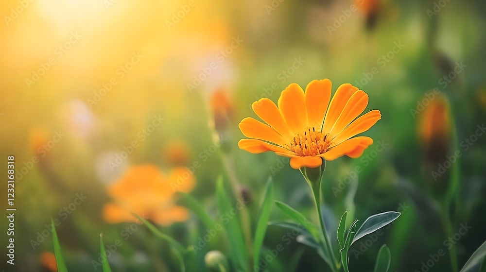 Single Orange Flower Blooms in Sunny Meadow Single Orange Flower Blooms in Sunny Meadow