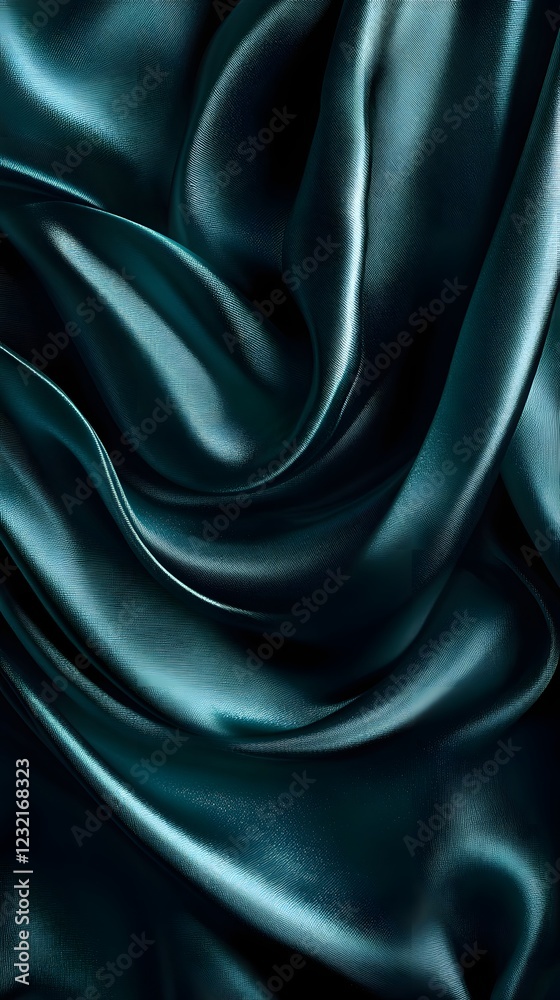 Fototapeta premium Dark Teal Silk Drape: Luxurious folds of dark teal silk fabric create a dramatic and elegant composition, showcasing the rich texture and lustrous sheen of the material. The deep.