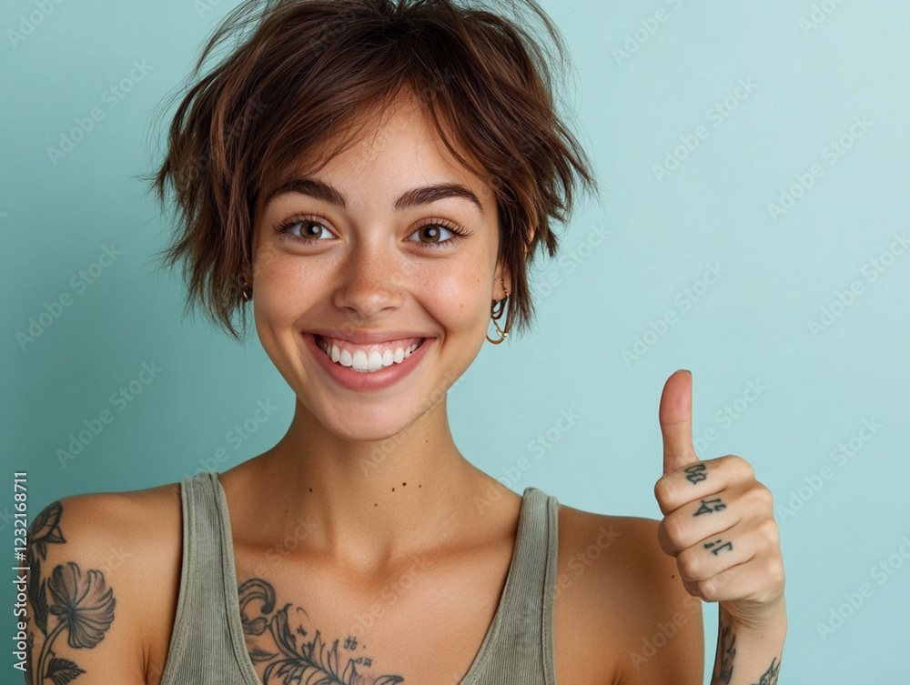 Woman with tattoos giving a thumbs up against blue wall Woman with tattoos giving a thumbs up against blue wall