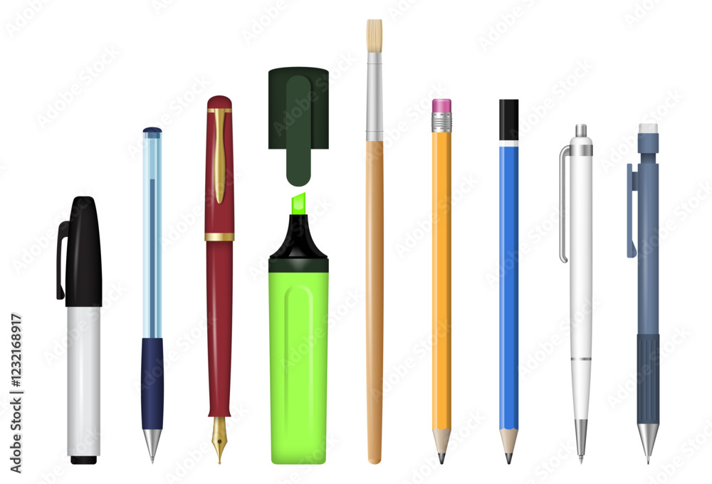 Stationery set for office and school. Pen, pencil, felt-tip pen realistic vector illustration isolated on a white background