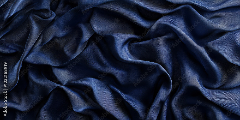 Fototapeta premium Navy blue textures wallpaper with silk smooth flowing wave patterns. The deep blue tones create a serene and contemporary high-definition background design.