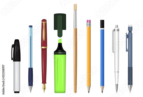 Stationery set for office and school. Pen, pencil, felt-tip pen realistic vector illustration isolated on a white background