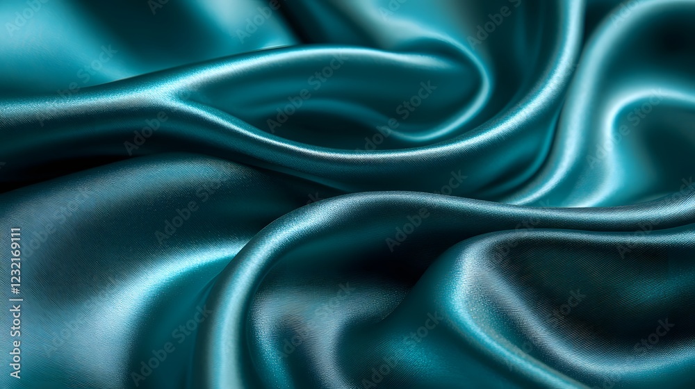 Fototapeta premium Teal Silk Drape: Luxurious teal silk fabric creates a dramatic cascade of elegant folds and ripples, showcasing its rich texture and lustrous sheen. 