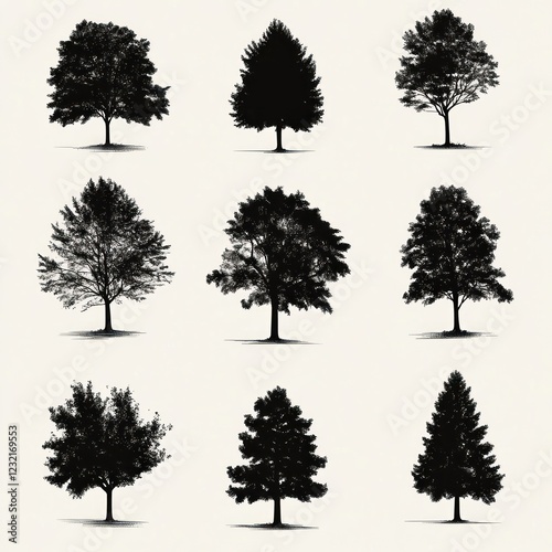 Nine Black Silhouettes Of Various Tree Species