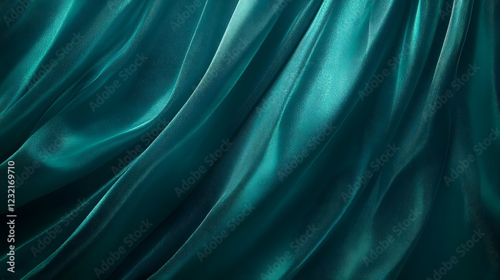 Fototapeta premium Teal Silk Drape: Luxurious teal silk fabric in elegant, flowing drapes, creating a sophisticated and visually captivating texture.