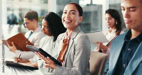 Business people, woman and portrait with tablet for conference, corporate training and career growth. Office, audience and accountant with smile for meeting, auditing workshop and tradeshow for firm