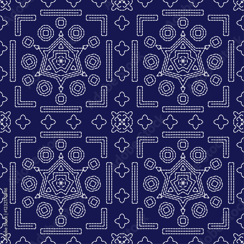 Sashiko Japanese stitch embroidery ethnic abstract artwork seamless geometric pattern printed background fabric wallpaper hand drawn line indigo white template
