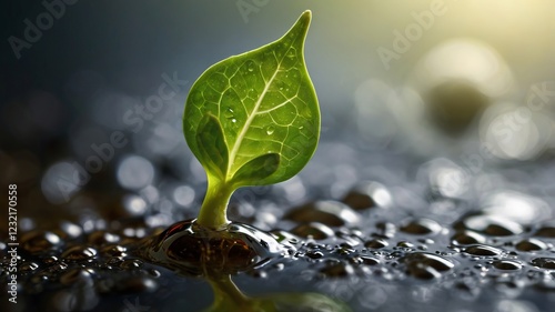 Close-Up of Droplet on Sprout with Textured Surface and Light Reflection photo