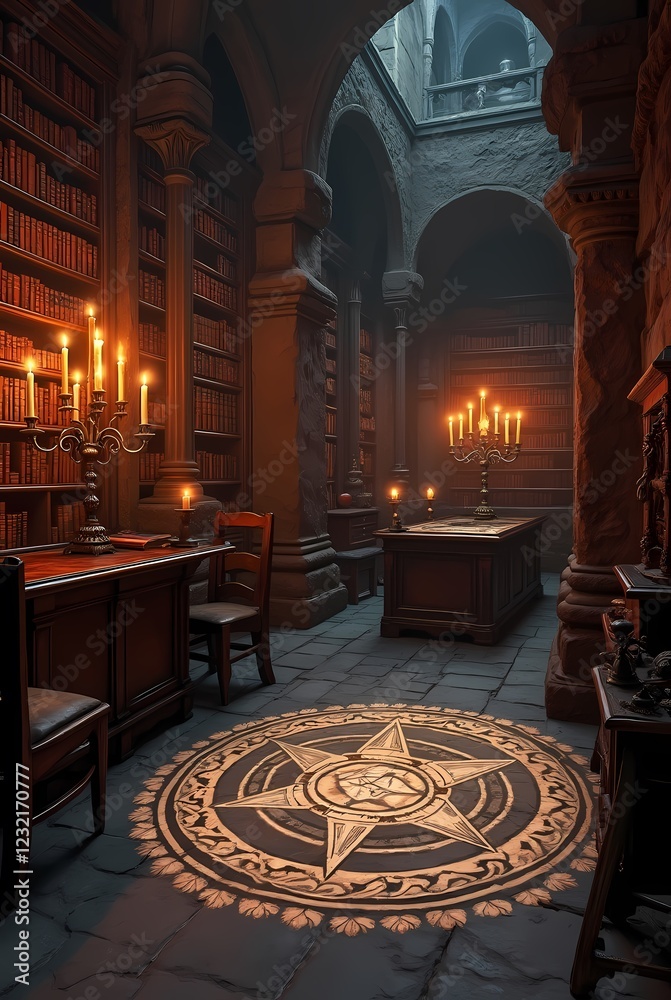 Obraz premium A secret library in the castle's dungeon, where candles burn on massive candelabra. And a magic circle is painted on the floor