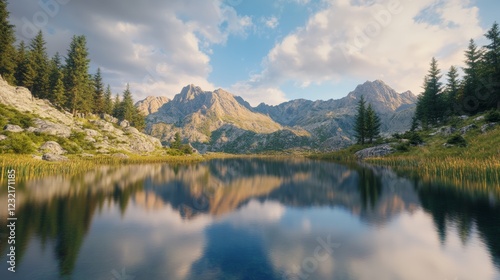 Calm mountain lake reflecting majestic peaks and evergreen trees under a cloudy sky during a sunny day, creating a breathtaking natural landscape